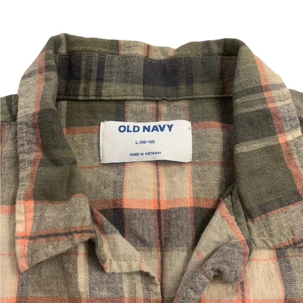 Old Navy | Plaid Short Sleeve Button Down Shirt Size Large (10-12) Army
